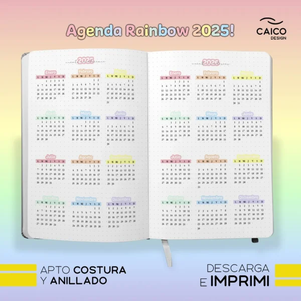 Agenda Rainbow 2025 para imprimir + Tapas + Stickers - Imagen 5