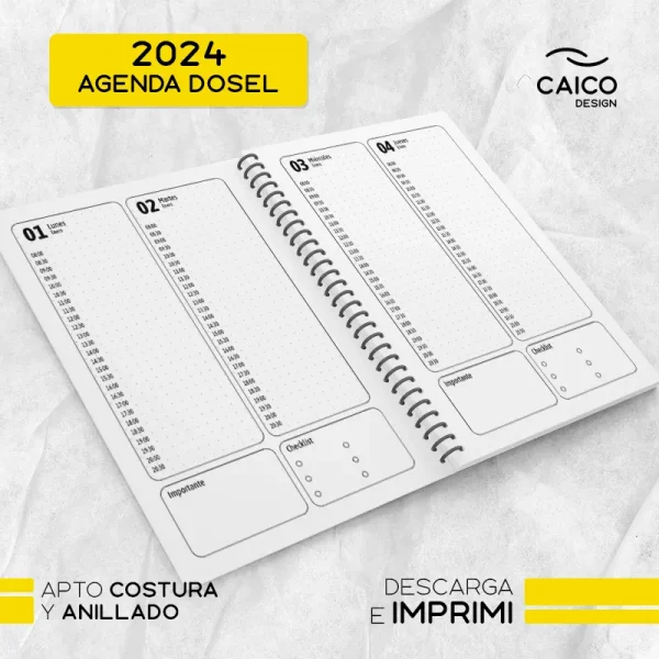 Agenda Dosel 2024 - Dos días por hoja con horarios