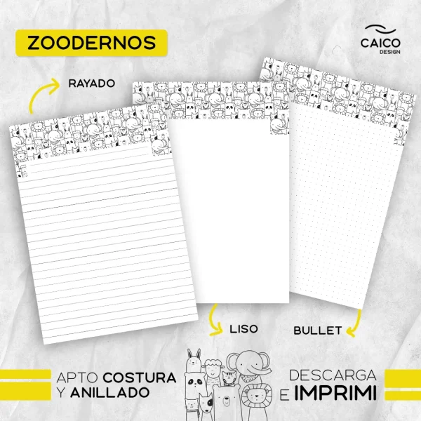 Zoodernos - Cuaderno rayado, liso y bullet para imprimir