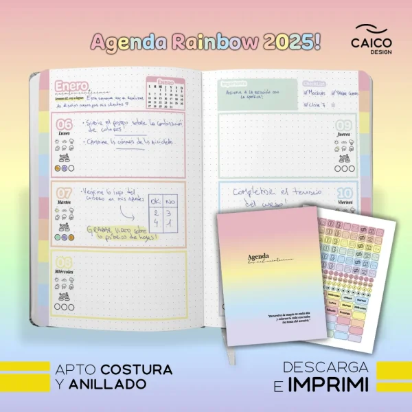 Agenda Rainbow 2025 para imprimir + Tapas + Stickers